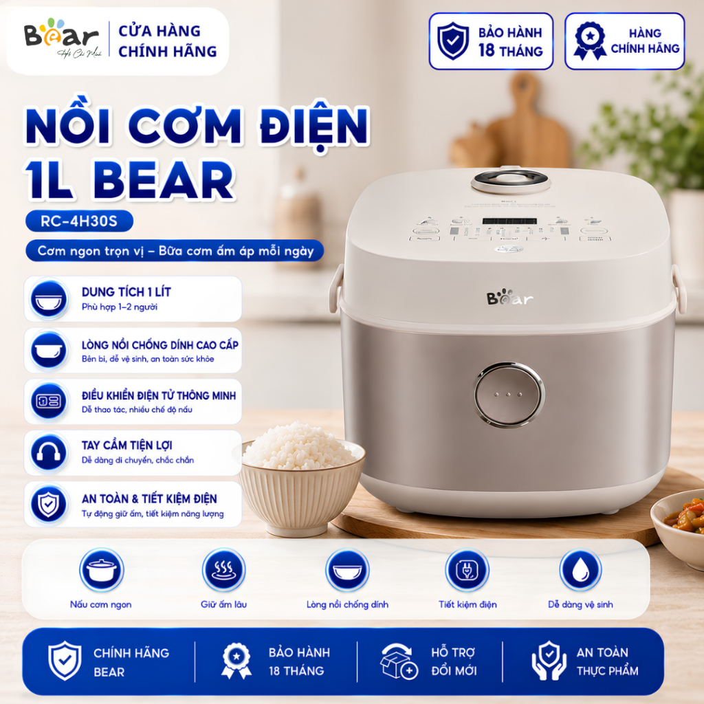 Nồi Cơm Điện Bear 1L RC-4H30S | 600W, Lòng Tráng Men, Thiết Kế Tay Cầm | BH Chính Hãng 18 Tháng