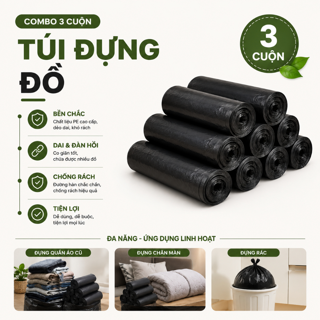 Combo 3 cuộn túi nhựa có quai xách màng đựng đồ size trung dẻo dai 280gram