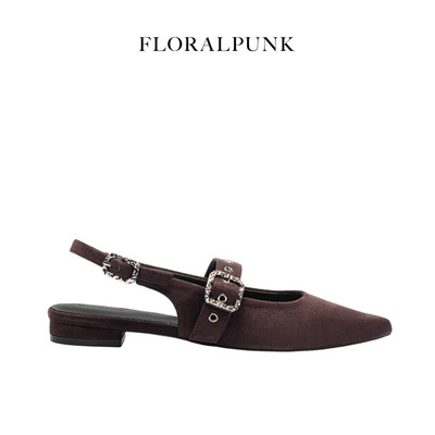 [NEW] Giày bệt Floralpunk Mary Pointy - Suede Brown - Đế cao 3cm chất liệu da lộn - dây quai gót kèm móc khóa