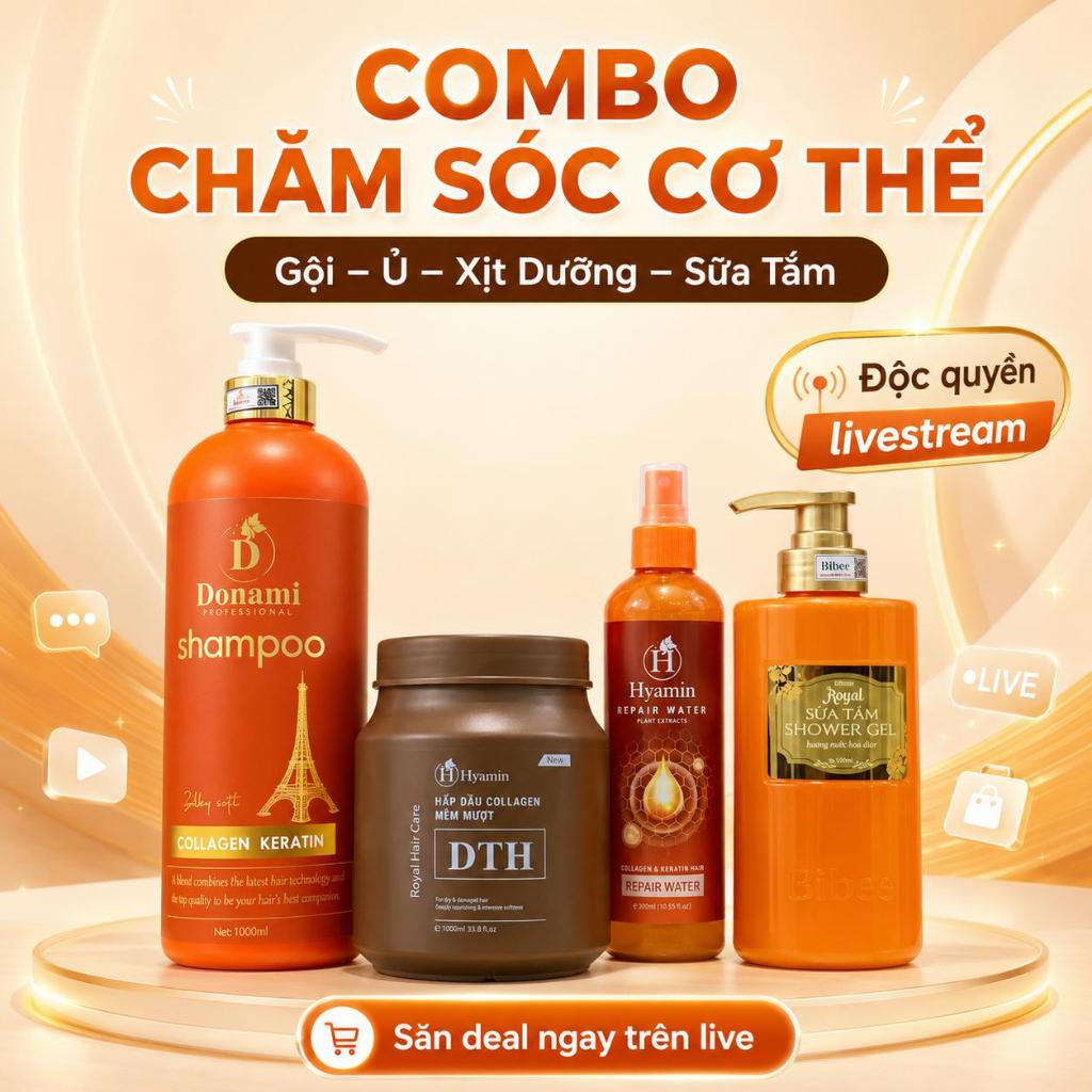 Dầu Gội Donami 1000ml Tặng Ủ Tóc Hyamin Sữa Tắm Bibee và Xịt Dưỡng Hyamin giúp tóc mềm mượt body thơ