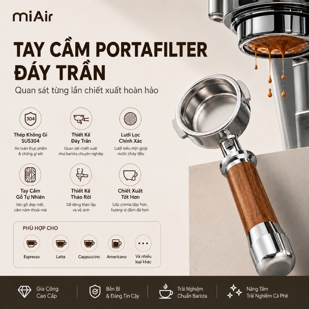 Tay Cầm Portafilter Đáy Trần 51mm Cho Máy Pha Cà Phê Espresso 2 Tai Thông Dụng/Delonghi/HiBREW