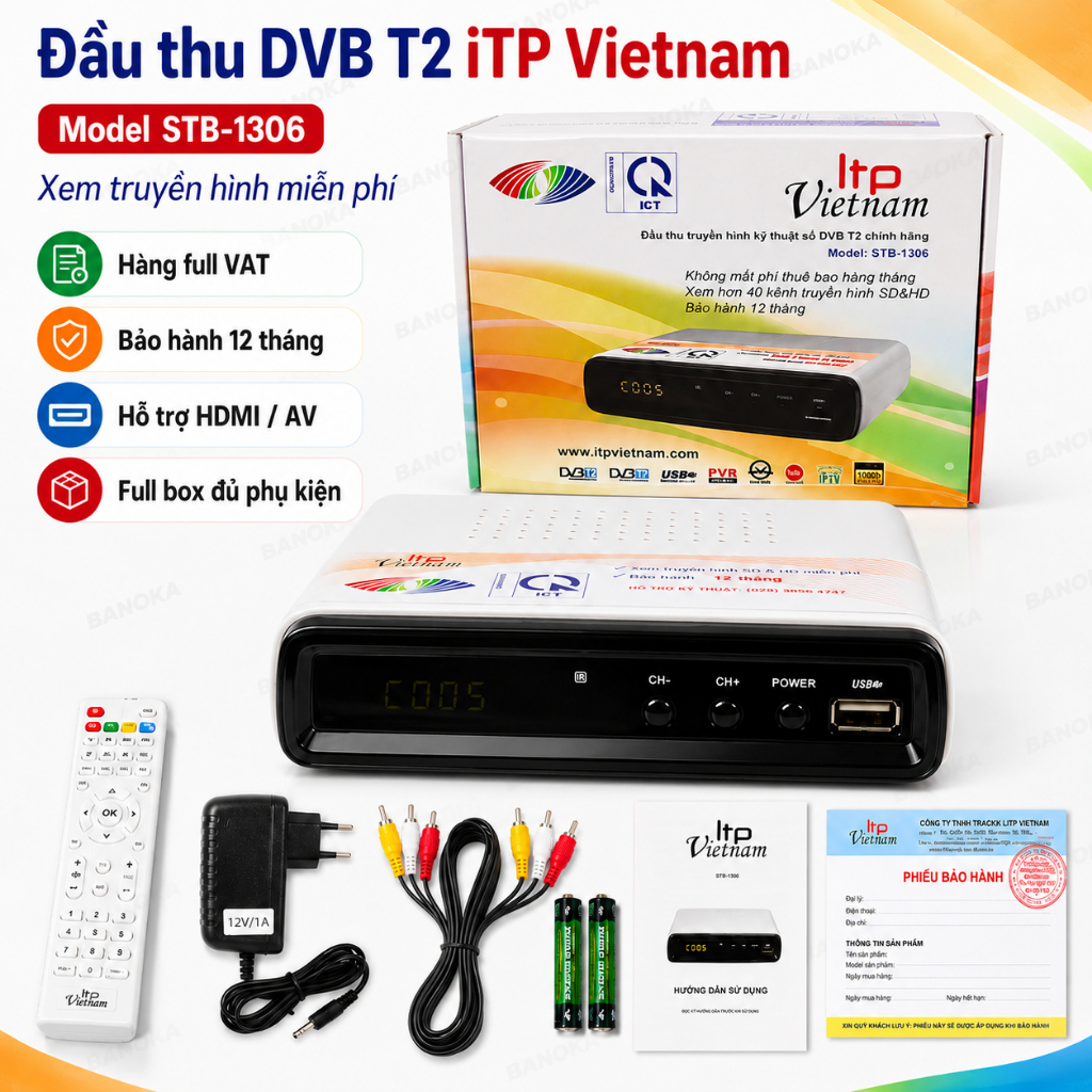Đầu thu DVB T2 LTP Vietnam STB-1306.hỗ trợ HDMI, AV , full VAT, bảo hành 12 tháng