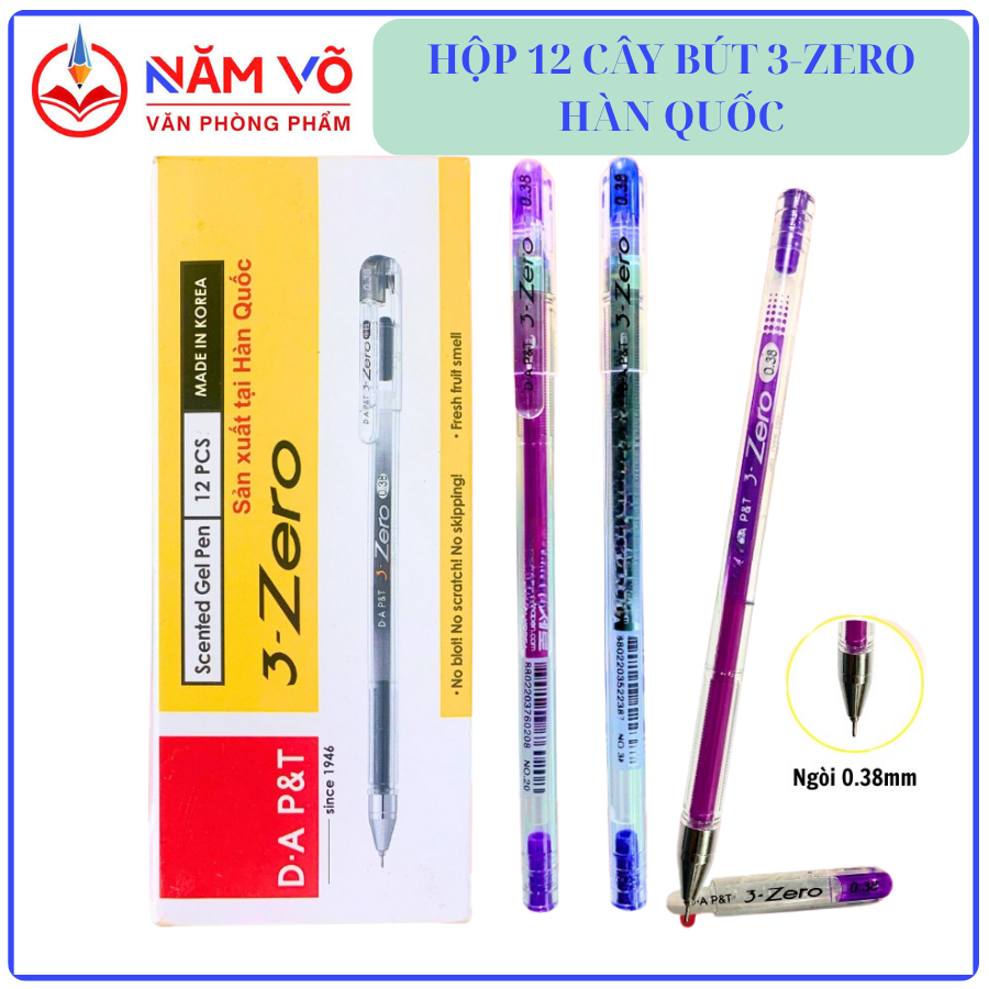 [3ZERO] HỘP 12 Cây Bút Gel / Viết Gel Nước 3-Zero/ 3 Zero Ngòi 0.38mm D.A P&T Hàn Quốc (Xanh, Tím, Đ