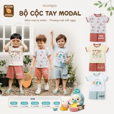 Bộ cộc tay cho bé Mompa 6 tháng - 3 tuổi vải Modal thấm hút hoáng khí co giãn mềm mại DQ MP 0521