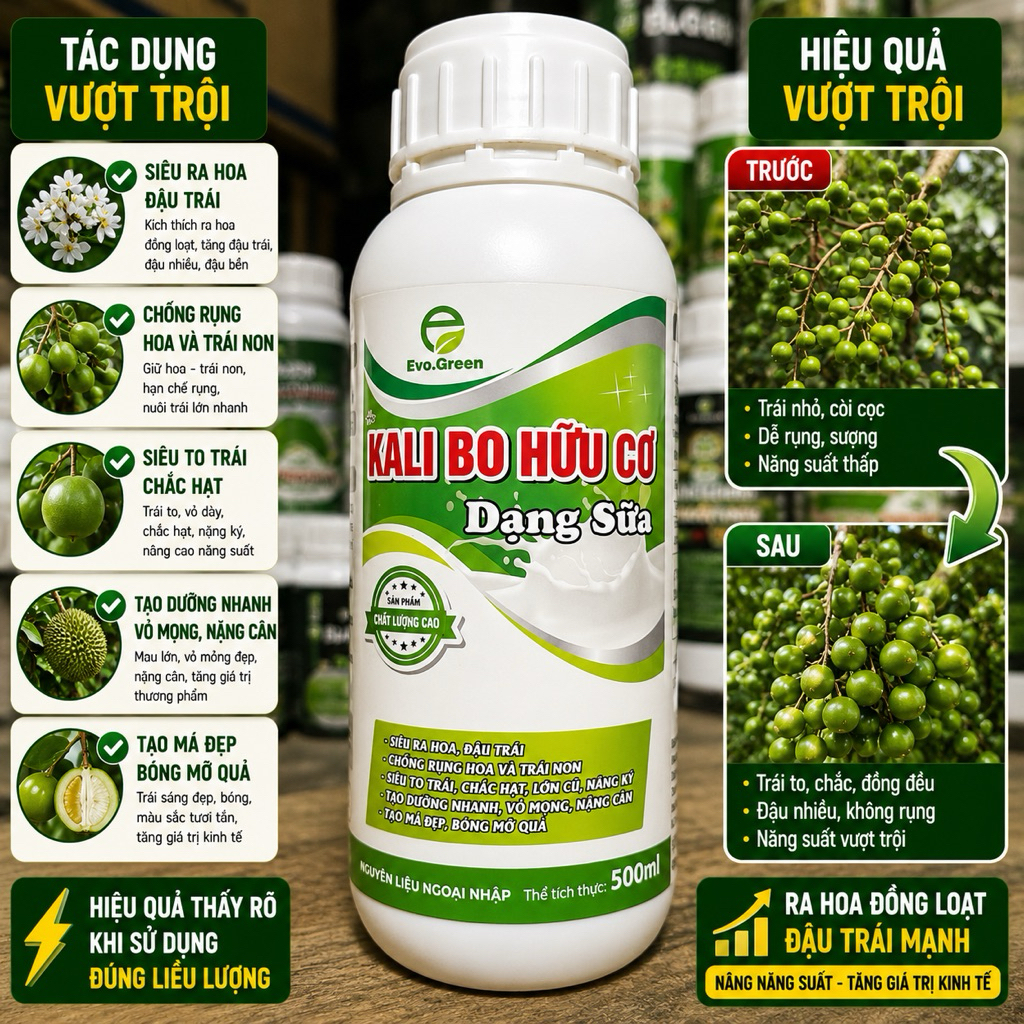 Kali bo hữu cơ dạng sữa 500ml, phân bón cây sầu riêng, thanh long, cam bưởi, lúa, khoai mì, đậu phộn