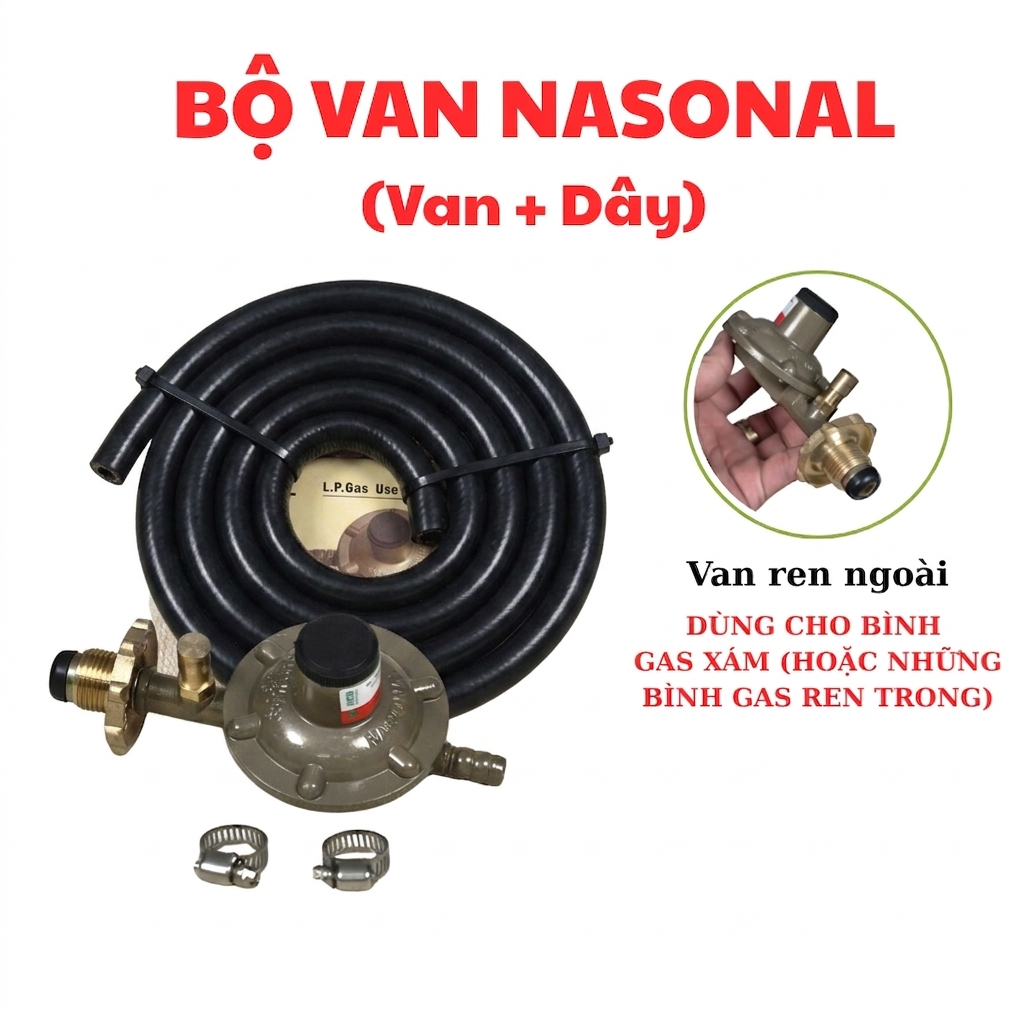 [TTM] Bộ dây van NASONAL (Bao gôm Van + 1,5m Dây)- Van ren trong dùng cho BÌNH GAS MÀU XÁM