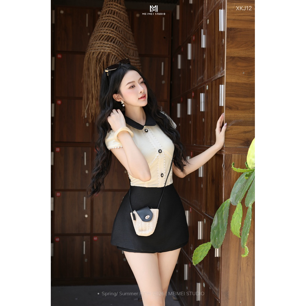 MEIMEI STUDIO Váy Hạt Viền Đăng Ren Kèm Túi Cói
