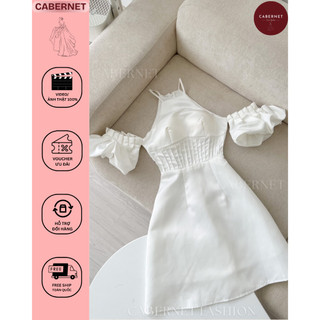 D176 Cabernet  - Cami Dress Đầm trắng trễ vai tay bồng dáng ngắn