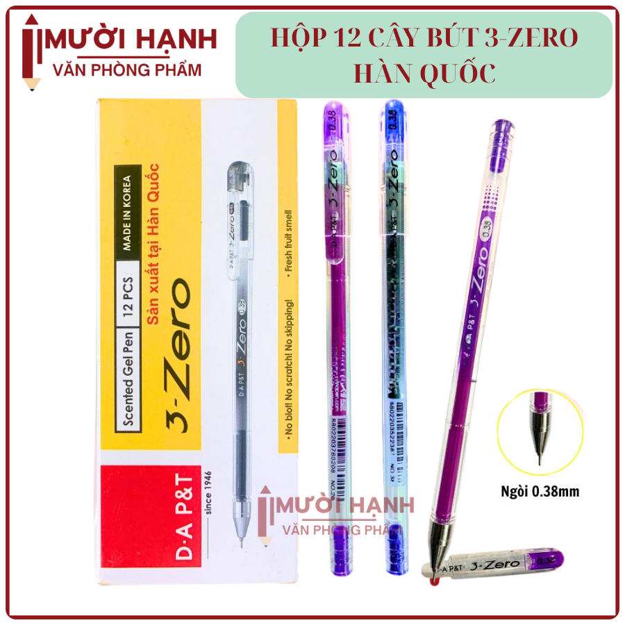 [3ZERO] HỘP 12 Cây Bút Gel / Viết Gel Nước 3-Zero/ 3 Zero Ngòi 0.38mm D.A P&T Hàn Quốc (Xanh, Tím, Đ