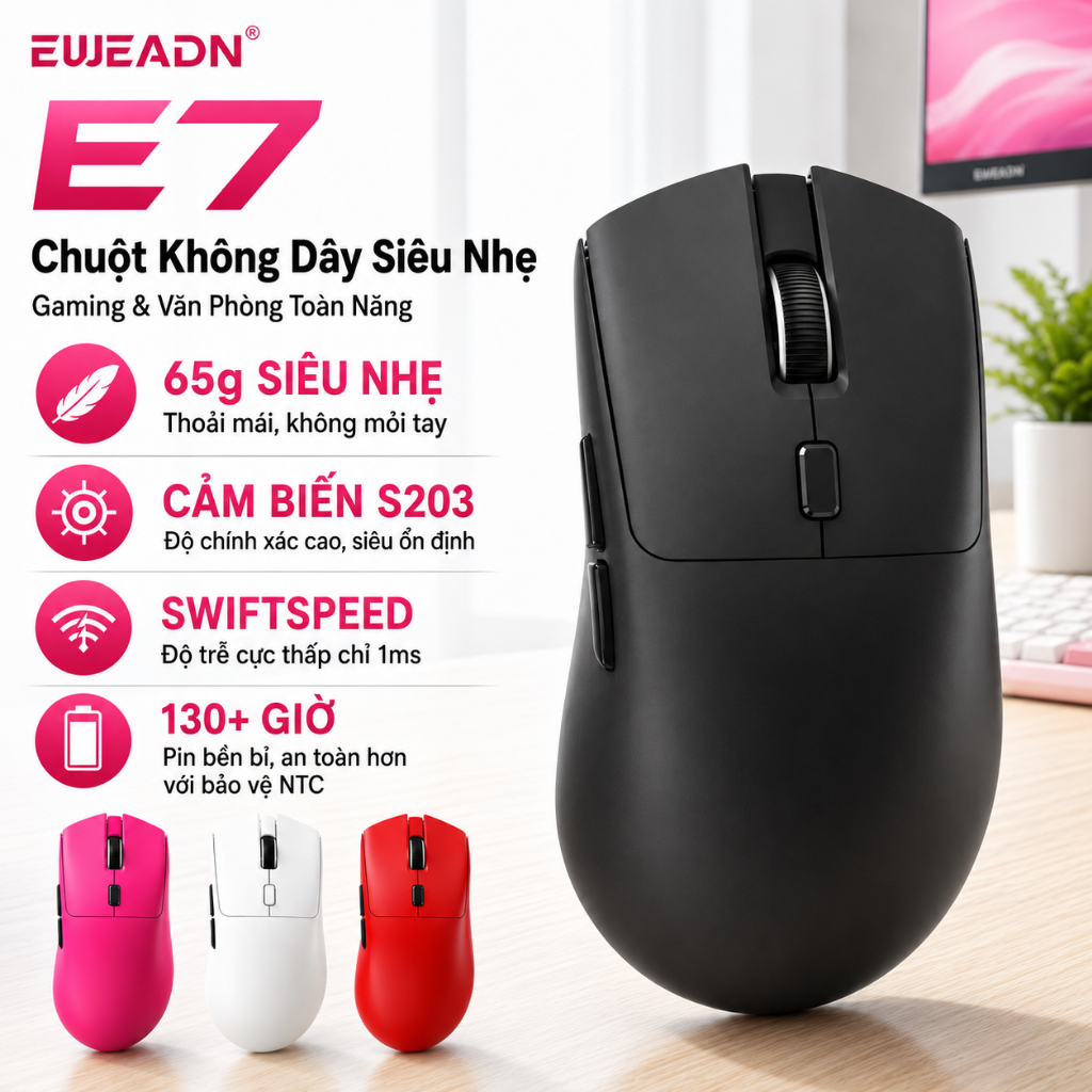 EWEADN E7 Chuột chơi game không dây 3 phương thức kết nối 65g cảm biến S203 nhẹ 12800DPI độ trễ thấp