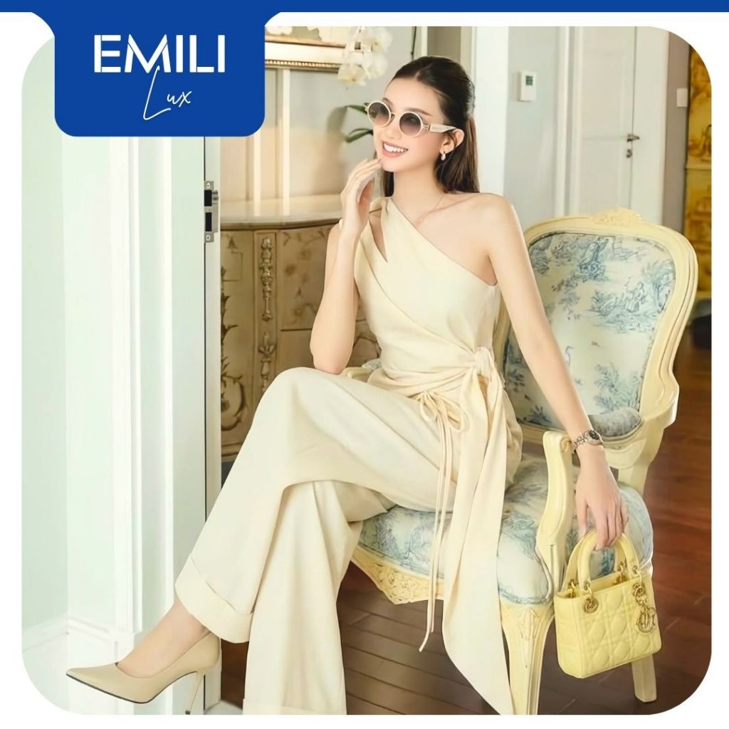 Set áo lệch vai xước thái Emili Lux phối quần ống suông thắt eo tôn dáng sang trọng dạo phố [B195]