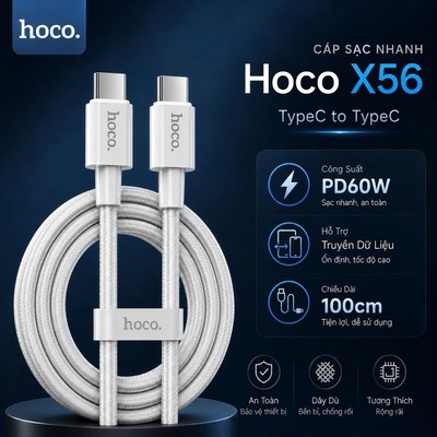 Cáp sạc nhanh Type-C to Type-C Hoco X56 PD60W , hỗ trợ truyền dữ liệu ,dây dù dùng cho 15 trở lên/Android dài 1m