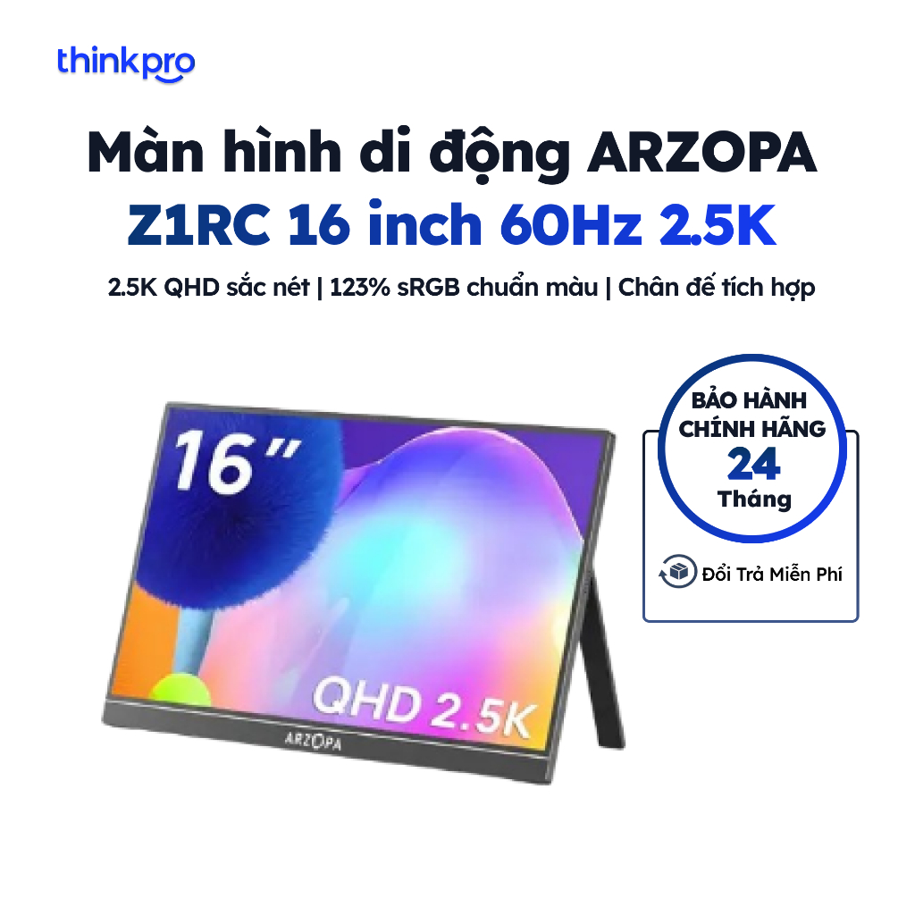 Màn hình di động ARZOPA Z1RC 16 Inch 2.5K 100% sRGB IPS màn hình phụ cho laptop PC làm việc đồ họa