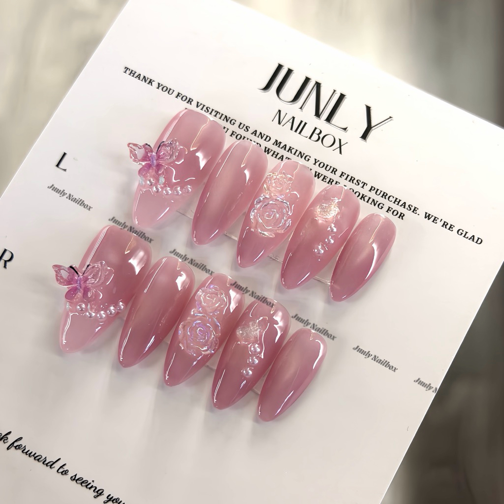 Nailbox thiết kế JUNLY móng tay giả mắt mèo hồng đi chơi, đi tiệc mã 881