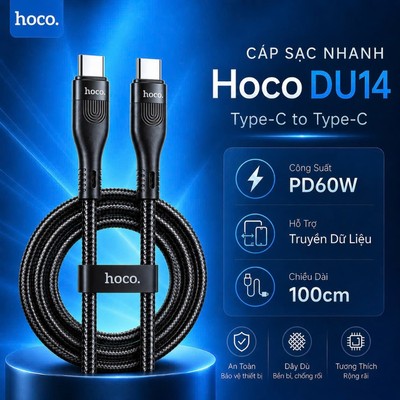 Dây sạc nhanh Type-C to Type-C Hoco DU30 hỗ trợ sạc PD60W/3A, truyền dữ liệu hỗ trợ dùng 15 trở lên/Android dài 1m/2m