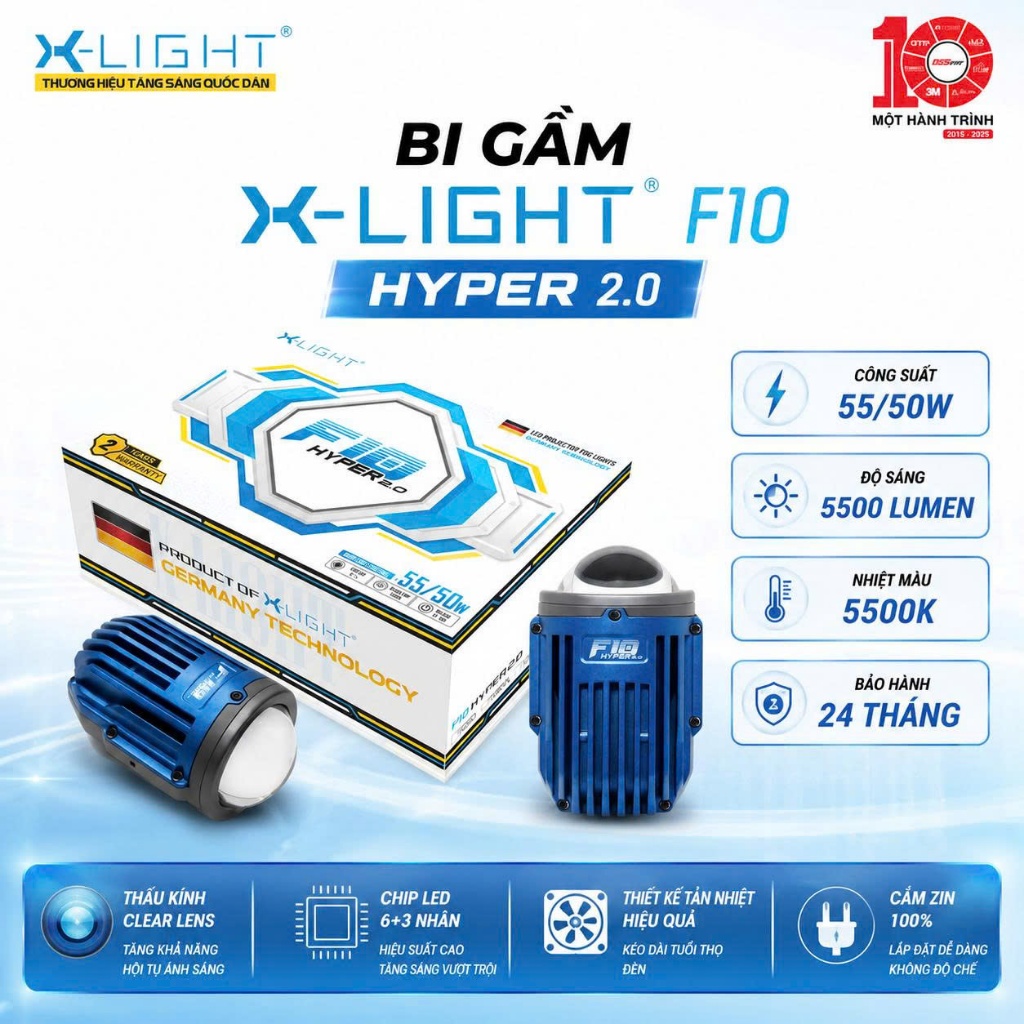 Đèn Bi Gầm X-Light F10 Hyper 2.0 2025 Nhiệt Màu 5000K - Siêu Bi Gầm LED Đỉnh Cao Giá 1 cặp BH 2 năm