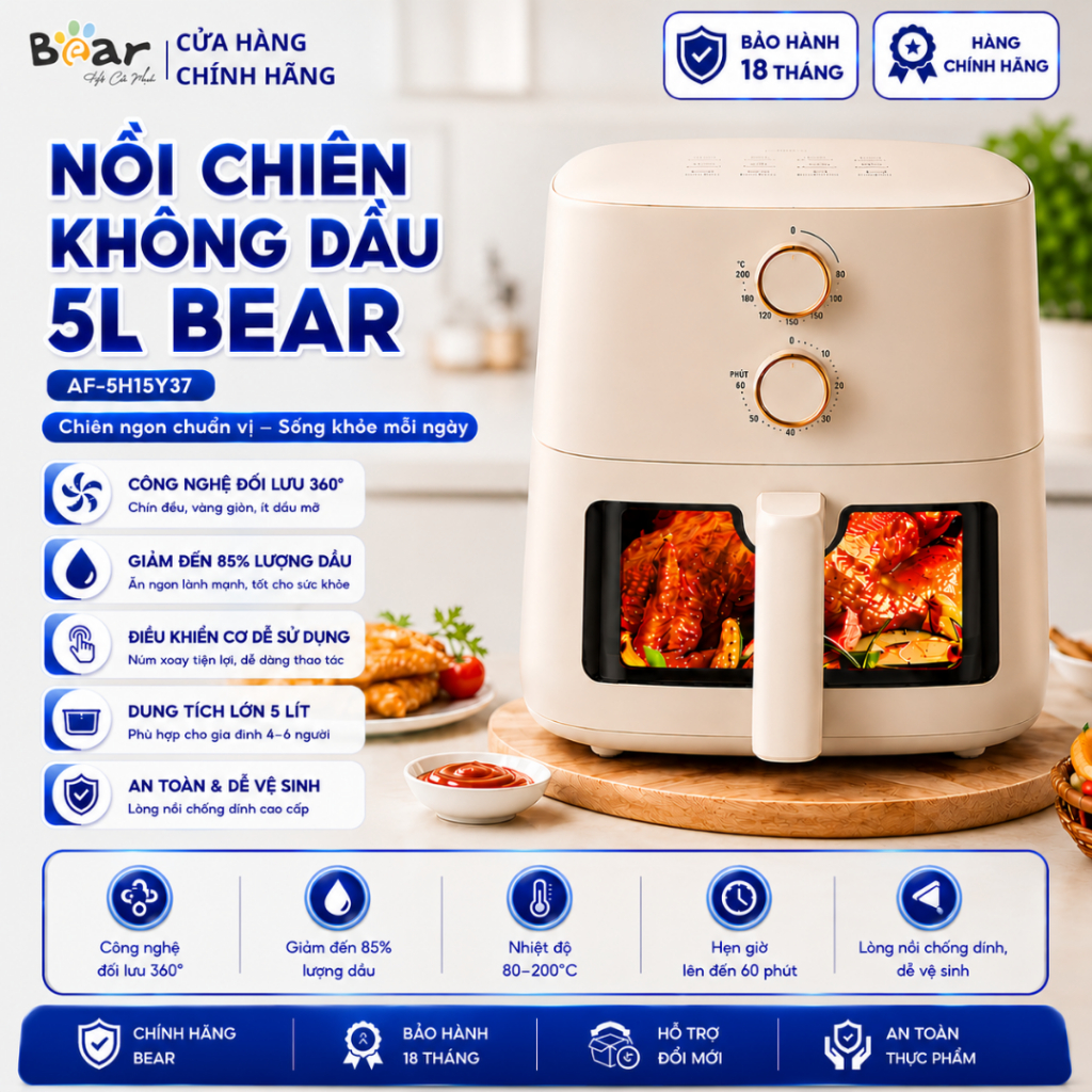 Nồi Chiên Không Dầu 5L Bear AF-5H15Y37 | 1500W, 12 Chức Năng Nấu Nướng | BH Chính Hãng 18 Tháng