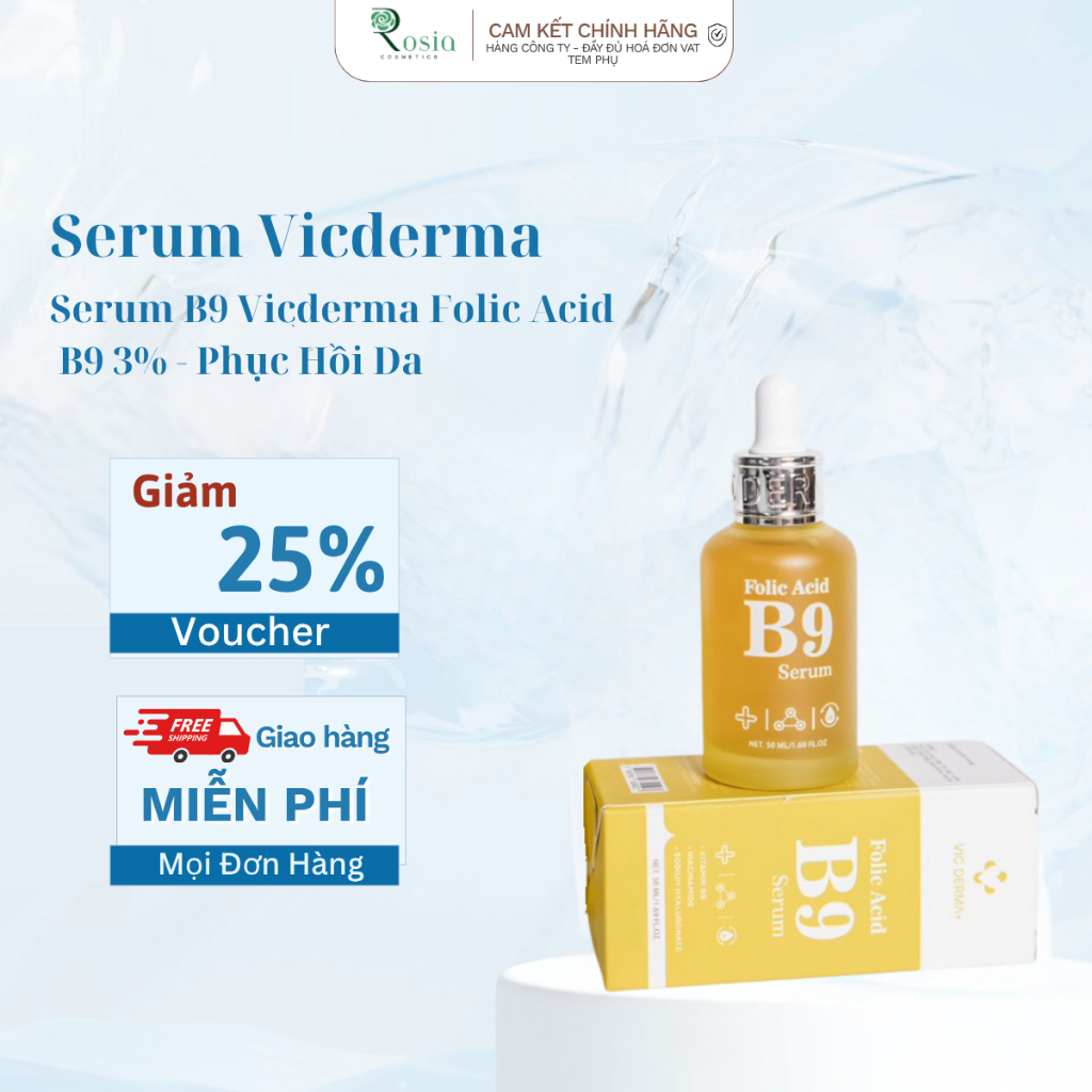Serum B9 Vicderma Folic Acid B9 3% - Phục Hồi Da ,Tái Tạo Da Treatment, Dịu Da Tức Thì - Rosia