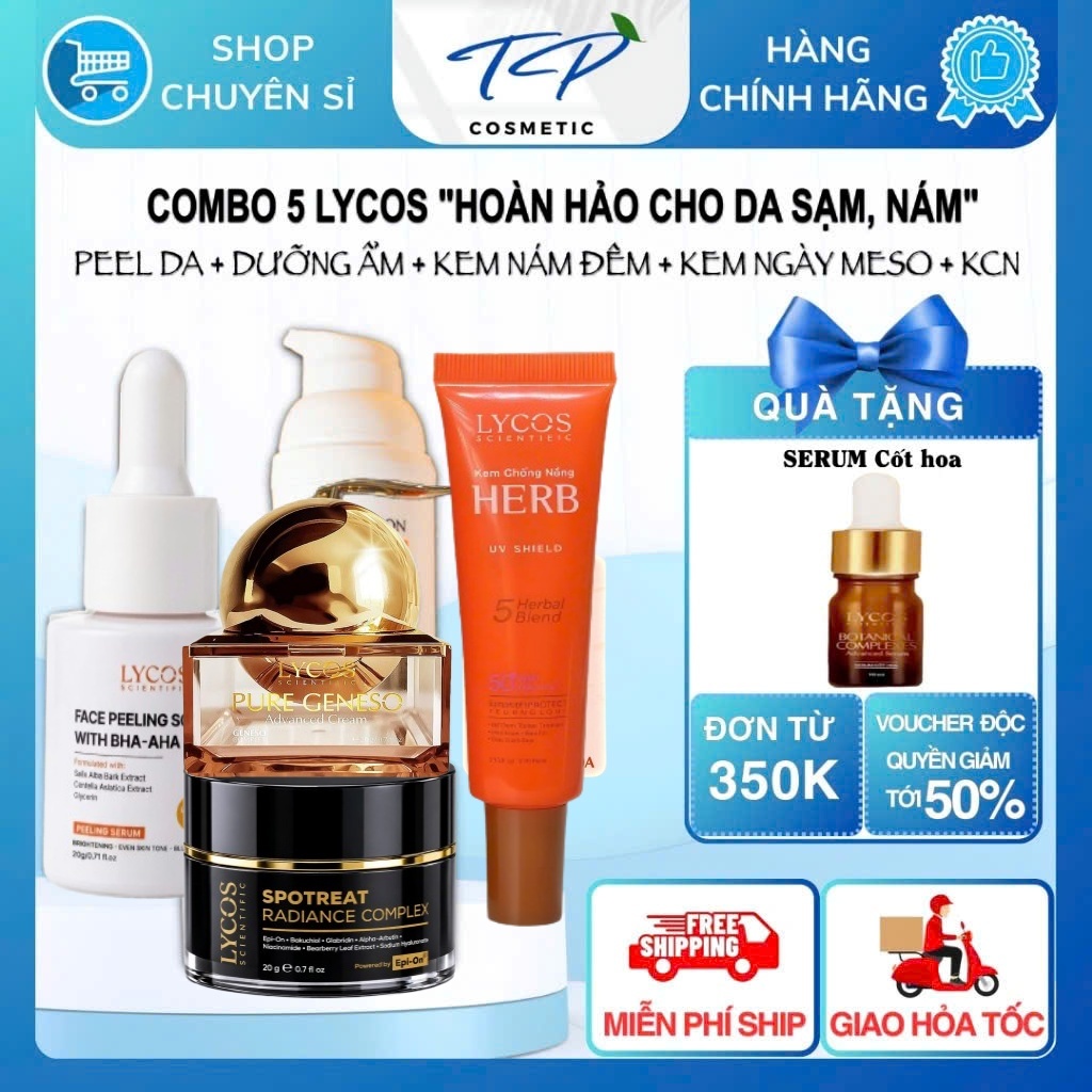 Combo 5 Lycos Chăm Sóc Hoàn Hảo Da Nám Sạm: Peel + Kem Nám + Dưỡng Ẩm + Chống Nắng + Kem Ngày Meso