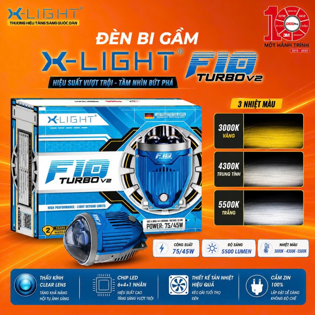 X-LIGHT F10 Turbo V2, Đèn Bi Gầm X-Light F10 Turbo V2 3.0 Inch Công Suất 75W, 3 Nhiệt Màu IP68