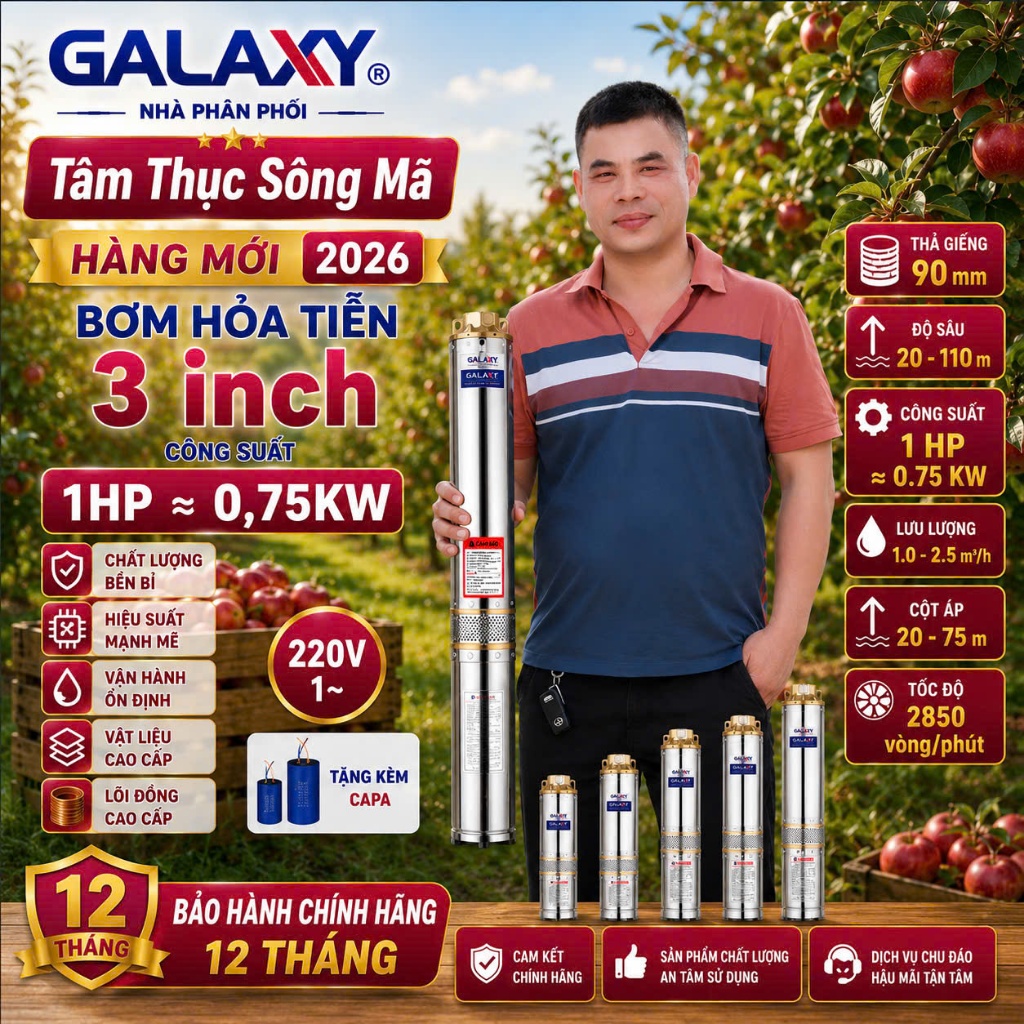 Galaxy Bơm hỏa tiễn 750W 1HP motor dây đồng inox 304 thân Ø76mm - Tân Huỳnh Châu