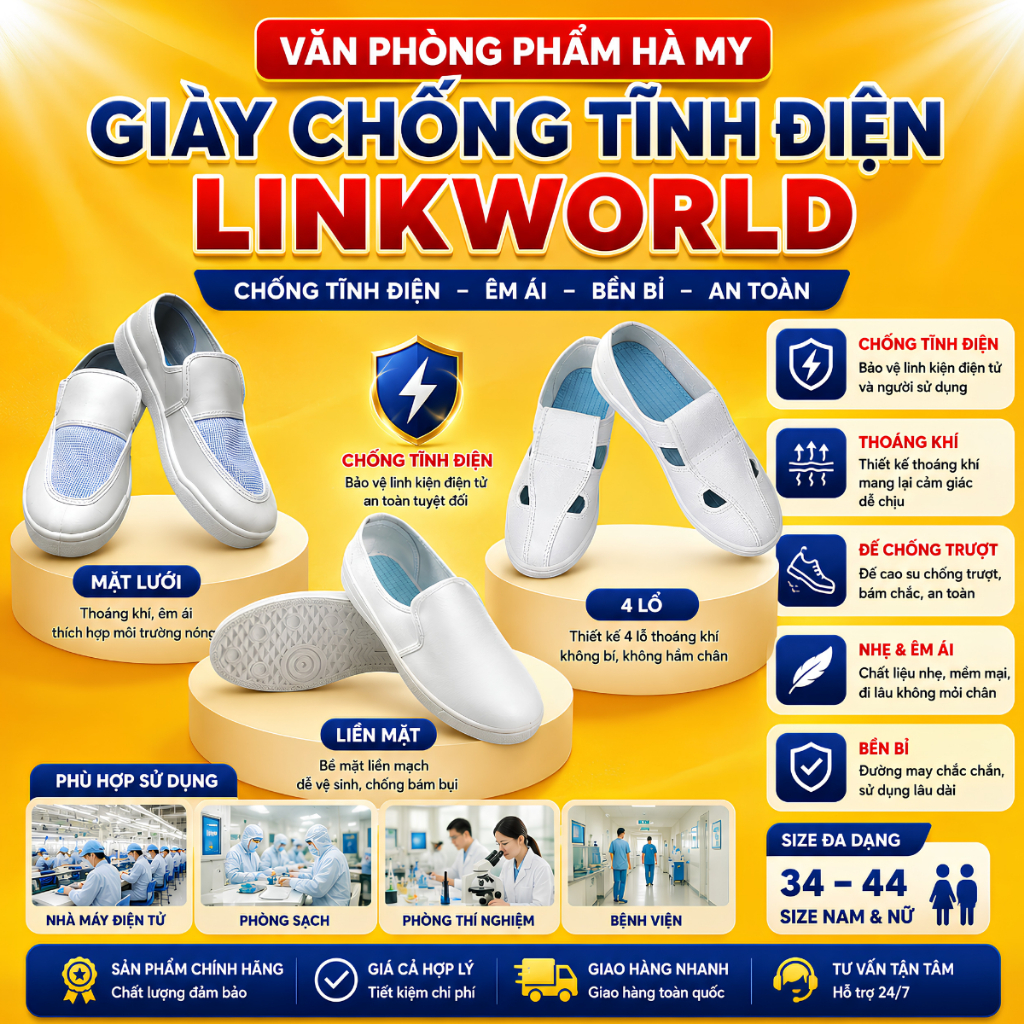Giày Phòng Sạch Chống Tĩnh Điện Linkworld Mặt Lưới, Liền Mặt, 4 Lỗ