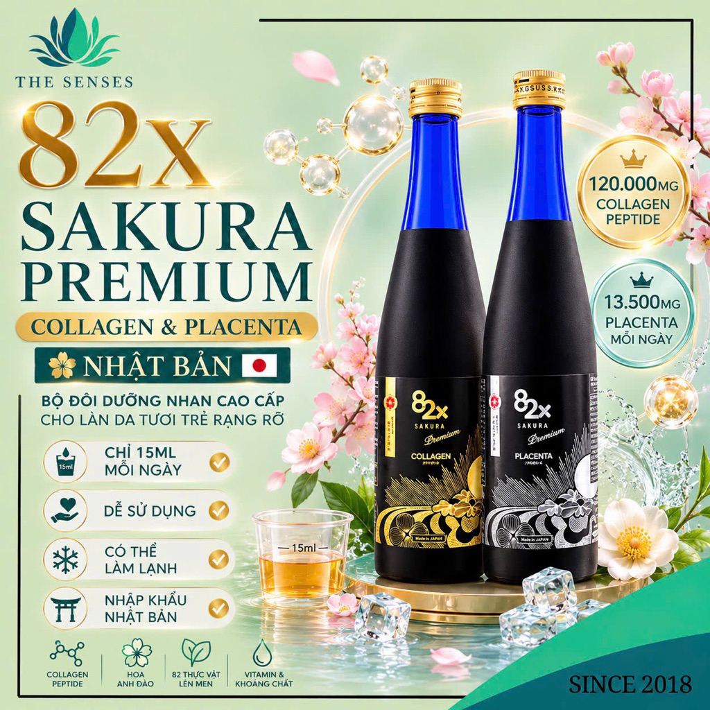 Nước Uống Đẹp Da 82x Collagen Sakura Premium Và 82x Placenta Sakura Premium 500ml - The Senses
