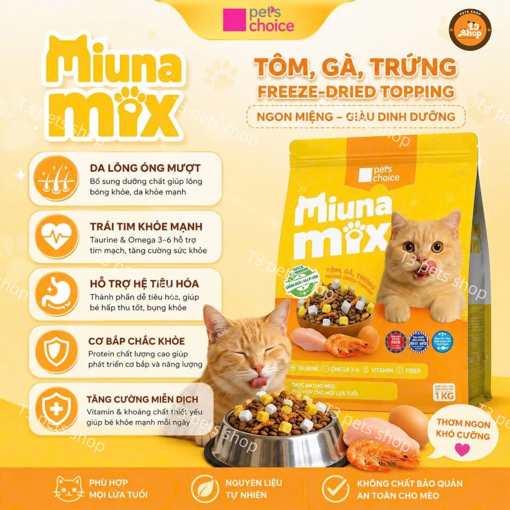 thức ăn hạt MIUNA MIX topping thịt sấy gà tôm trứng dành cho mèo - T3 PETS SHOP