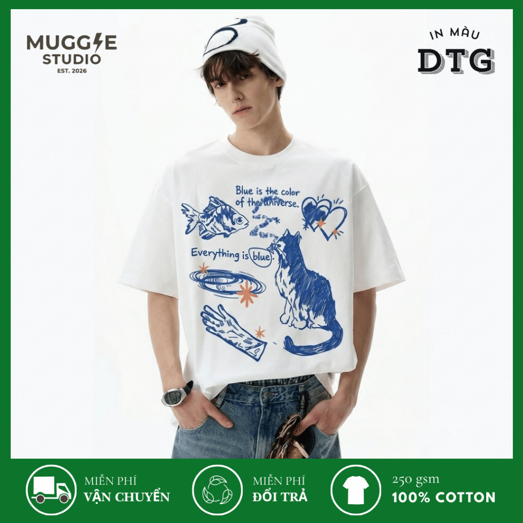 MUGGLE Áo Thun Unisex In DTG Hình Con Mèo Cute, Áo Phông Oversize 100% Cotton 250GSM, Form Rộng Stre