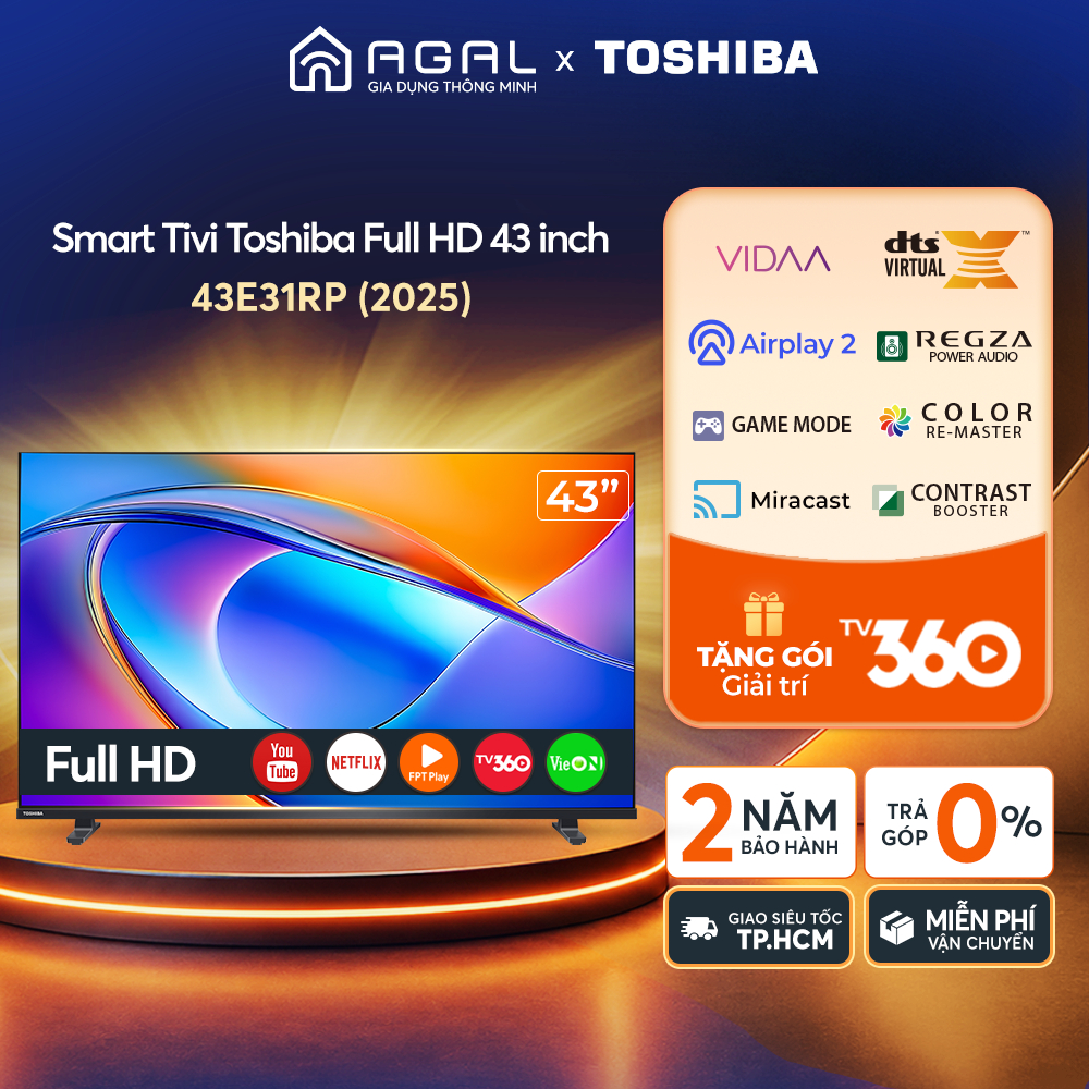 Smart Tivi Toshiba Full HD 43 Inch 43E31RP, Trả góp 0%, Bảo hành 2 năm