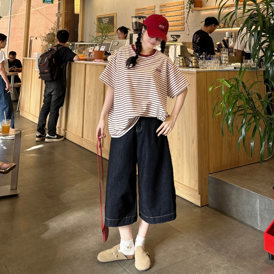 [JEMCLOSET] ÁO PHÔNG TAY NGẮN HOẠ TIẾT SỌC FORM RỘNG CHẤT VẢI COTTON DỆT HÀN - HOWDY - 089