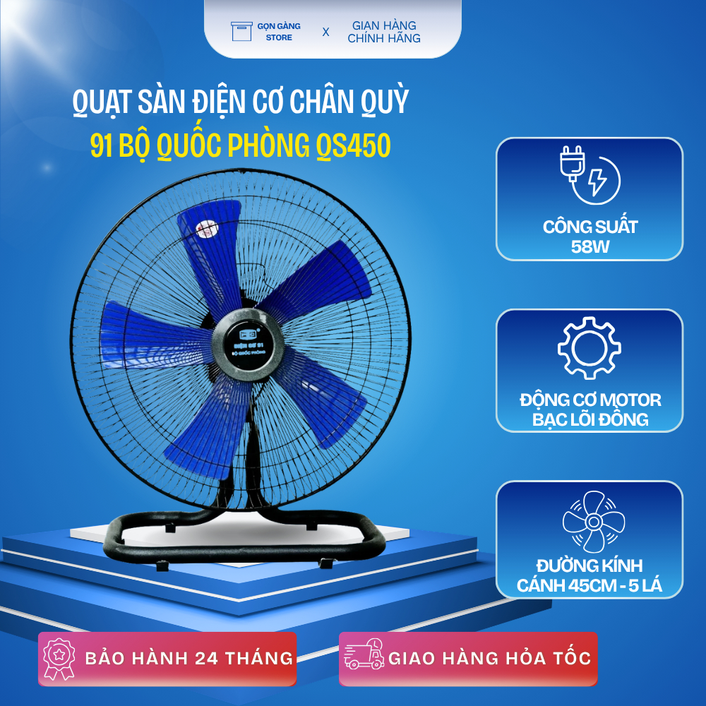 Quạt Sàn Chân Quỳ Điện Cơ 91 Bộ Quốc Phòng QS450 - Công Suất 58W, Động Cơ MOTOR Bạc Lỗi Đồng, Sải Cá