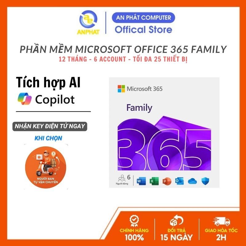 Phần mềm Microsoft Office 365 Family |12 tháng | tối đa 6 người |5 thiết bị/người |Word, Excel, Powe