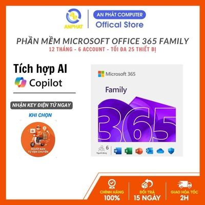 Phần mềm Microsoft Office 365 Family |12 tháng | tối đa 6 người |5 thiết bị/người |Word, Excel, PowerPoint |1TB OneDrive