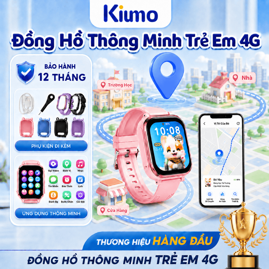 Kiumo【Kèm Ốp & 2 Dây Đeo】Đồng Hồ Thông Minh Trẻ Em 4G Kiumo T59 - Camera 8MP Gọi Video HD, Định Vị G