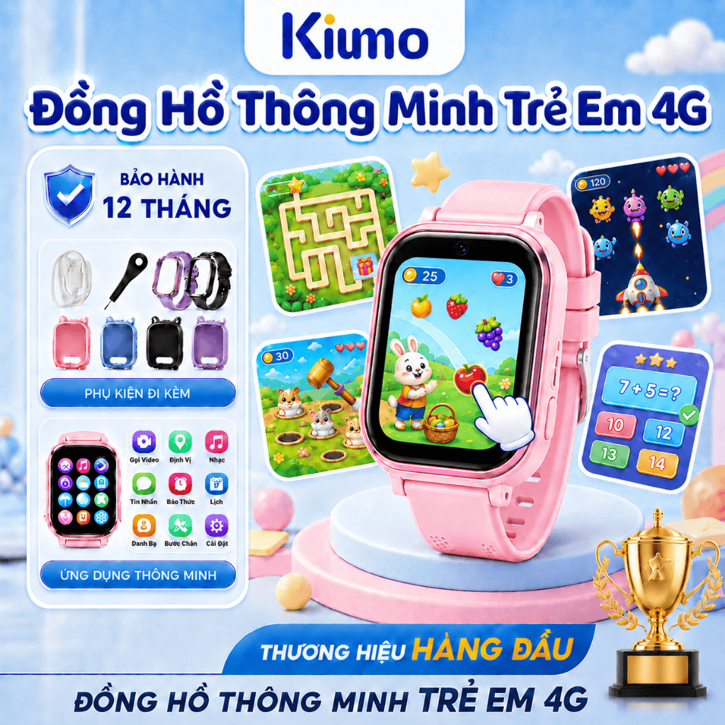 Kiumo【BH 12 Tháng】Đồng Hồ Thông Minh Trẻ Em 4G, GPS/LBS, IP65 Chống Nước, Kèm Ốp Silicone & 2 Dây