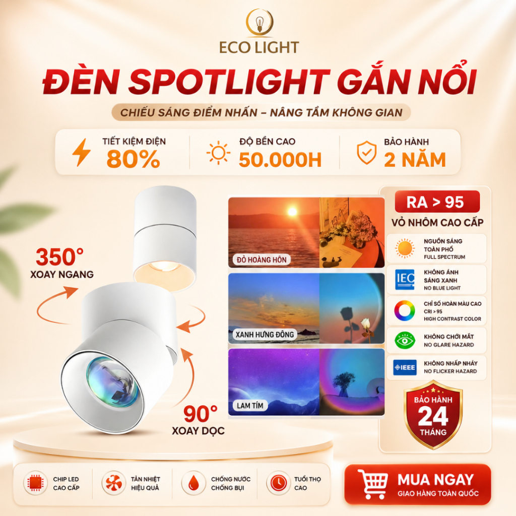Đèn rọi hoàng hôn công suất 10W vỏ nhôm tản nhiệt, đèn rọi decor xoay 350 độ đấu điện 220V- BH 2 năm