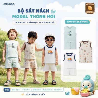 Bộ sát nách cho bé Mompa ba lỗ 6 tháng - 3 tuổi vải Modal thông hơi thấm hút hoáng khí DQ MP 0523