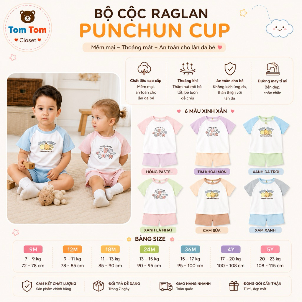 Punchun (6M-5Y) Bộ cộc raglan Punchun Cup cho bé trai, bé gái