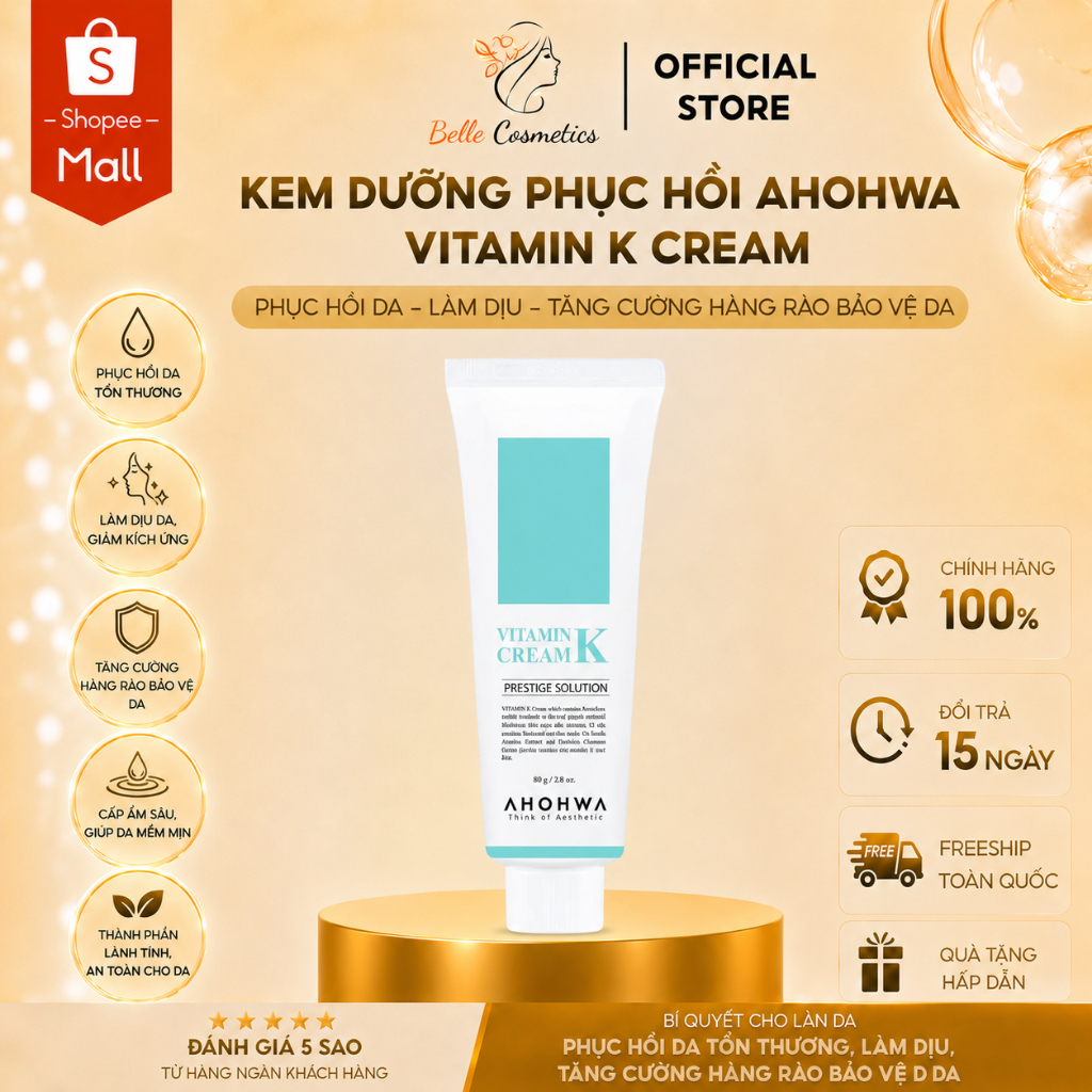 Kem Dưỡng Phục Hồi Ahohwa Vitamin K Cream - Phục Hồi Da Mỏng Đỏ, Giãn Mao Mạch, Làm Dịu Da, Mờ Sẹo