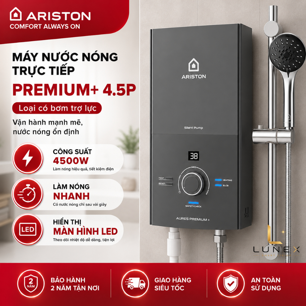 Máy nước nóng trực tiếp Ariston AURES PREMIUM+ (loại có bơm và không bơm) 4500W - Bảo hành tận nơi
