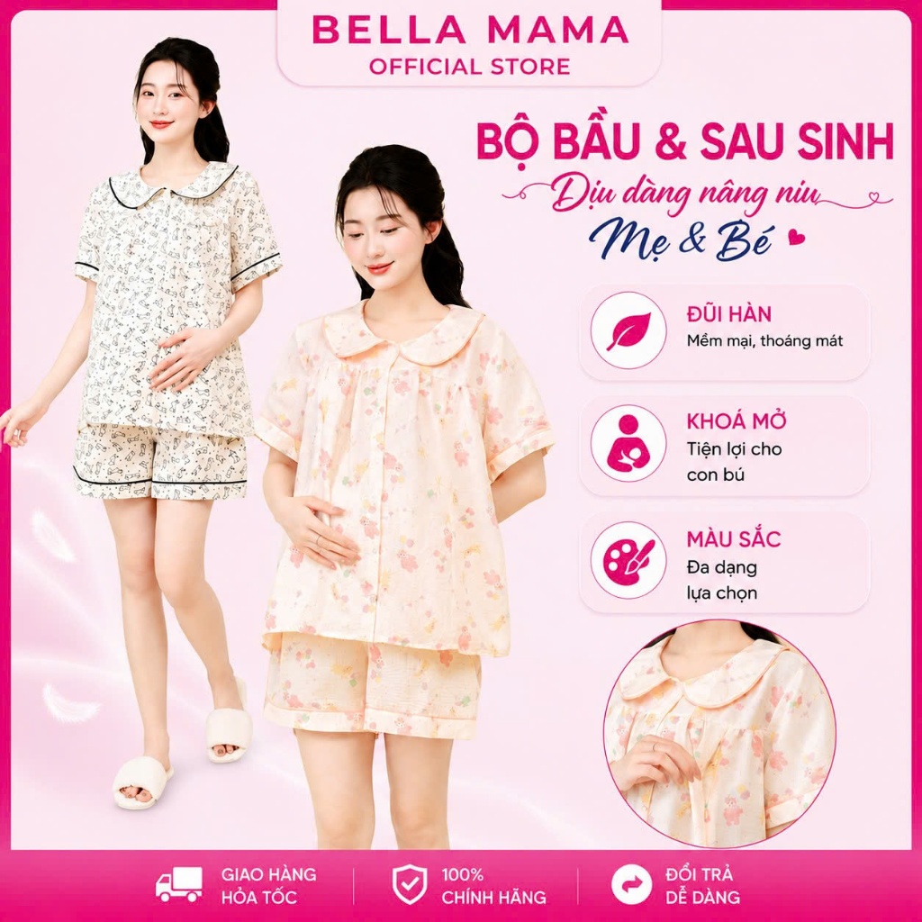 Bộ Bầu Mặc Nhà Bella Mama Đũi Hàn Mềm Mịn Mùa Hè Đồ Bầu Sau Sinh Khóa Kéo Ngực Chun Chỉnh Bụng Bn24