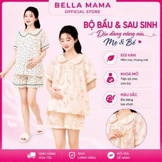 Bộ Bầu Mặc Nhà Bella Mama Đũi Hàn Mềm Mịn Mùa Hè Đồ Bầu Sau Sinh Khóa Kéo Ngực Chun Chỉnh Bụng Bn24