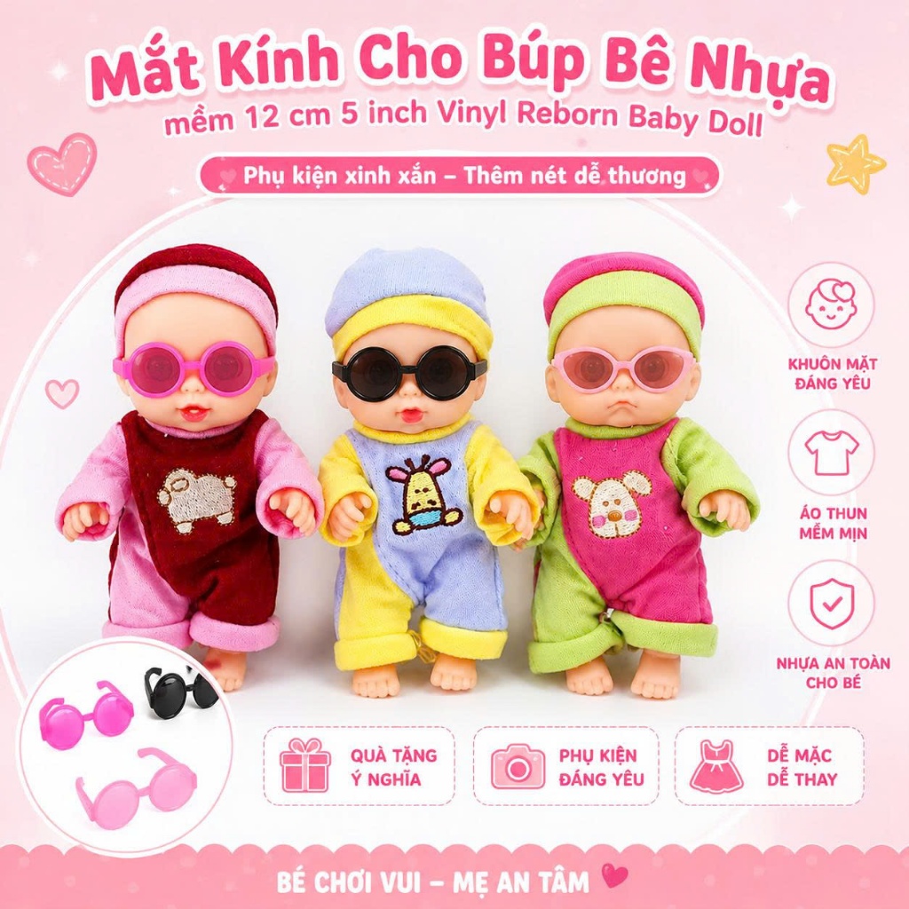 [Giao ngẫu nhiên, KHÔNG KÈM DOLL] Phụ Kiện Mắt Kính Cho Búp Bê Nhựa mềm 12 cm 5 inch Vinyl Reborn Ba
