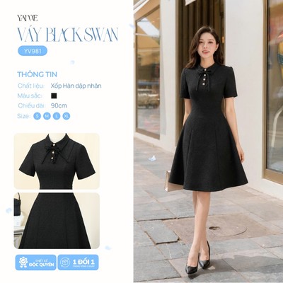 Váy Thiết Kế YAME Thanh Lịch Vải Xốp Hàn Cao Cấp, Váy Công Sở Nhẹ Nhàng Sang Trọng - BLACK SWAN YV981