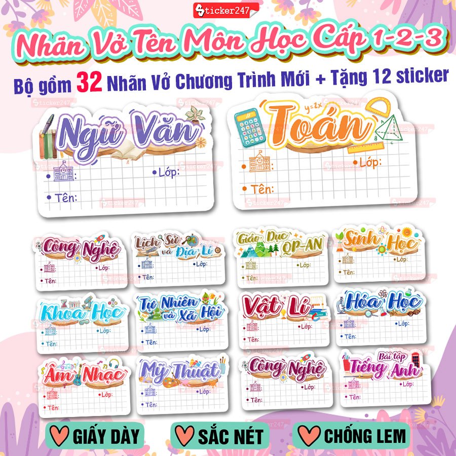 Bộ 32 Nhãn Vở Môn Học Tặng Set Nhãn Gáy 🌈𝑭𝒓𝒆𝒆𝒔𝒉𝒊𝒑 Nhãn vở Theo Môn Học Pastel, Nhãn Vở Cute Chương T
