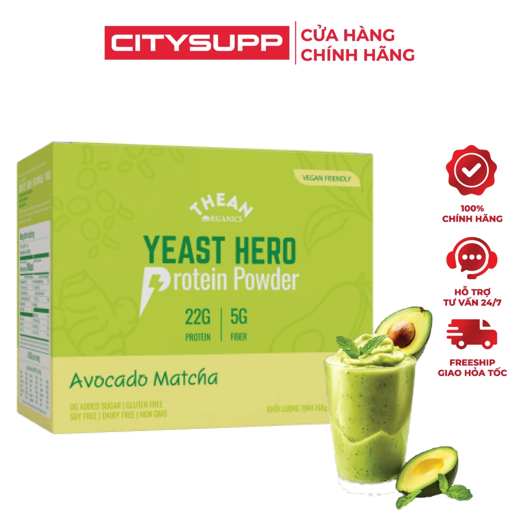 Bột Đạm Thuần Chay The An Organics Yeast Hero Protein Avocado Matcha - Hộp 768g (20 Gói)