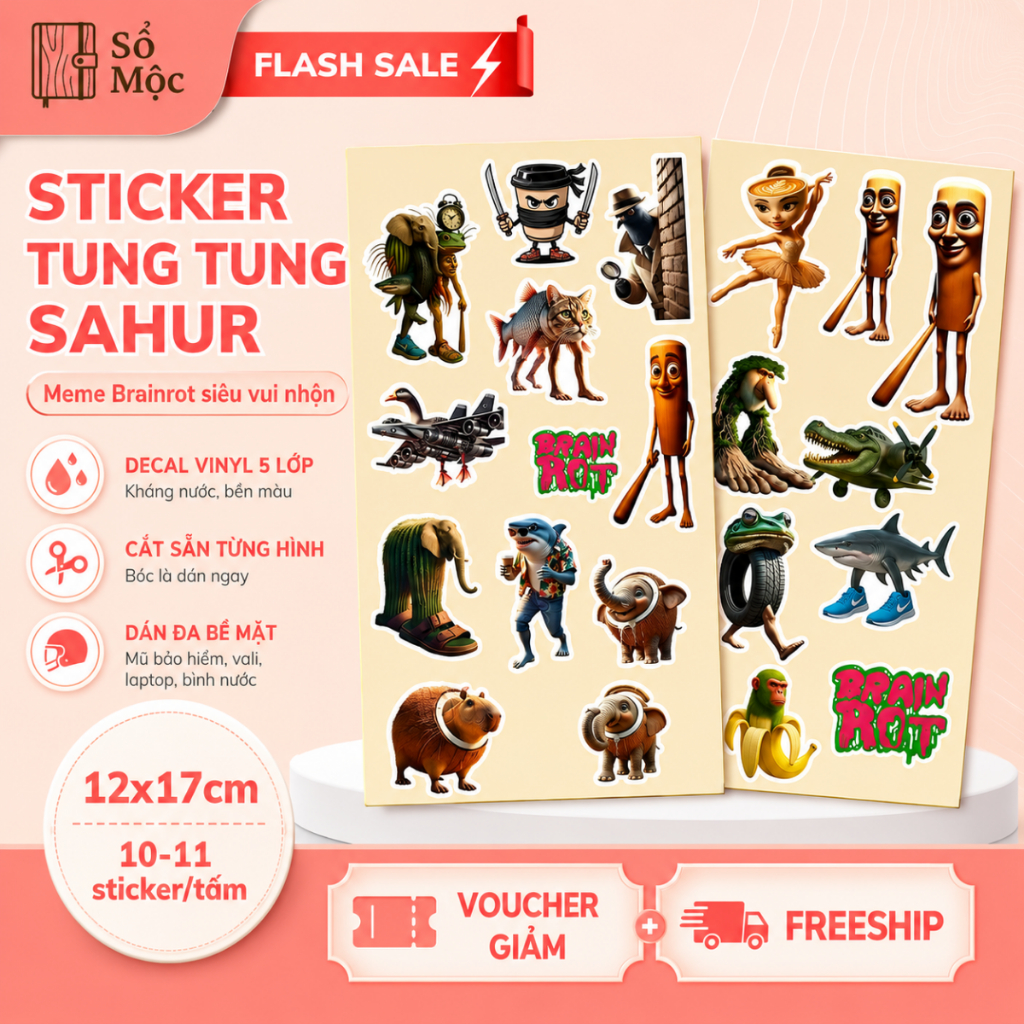 [COMBO 4 SET] Sticker Tung Tung Sahur Meme - Sticker Meme Brainrot Dán Mũ Bảo Hiểm, Dán Vali, Bình N