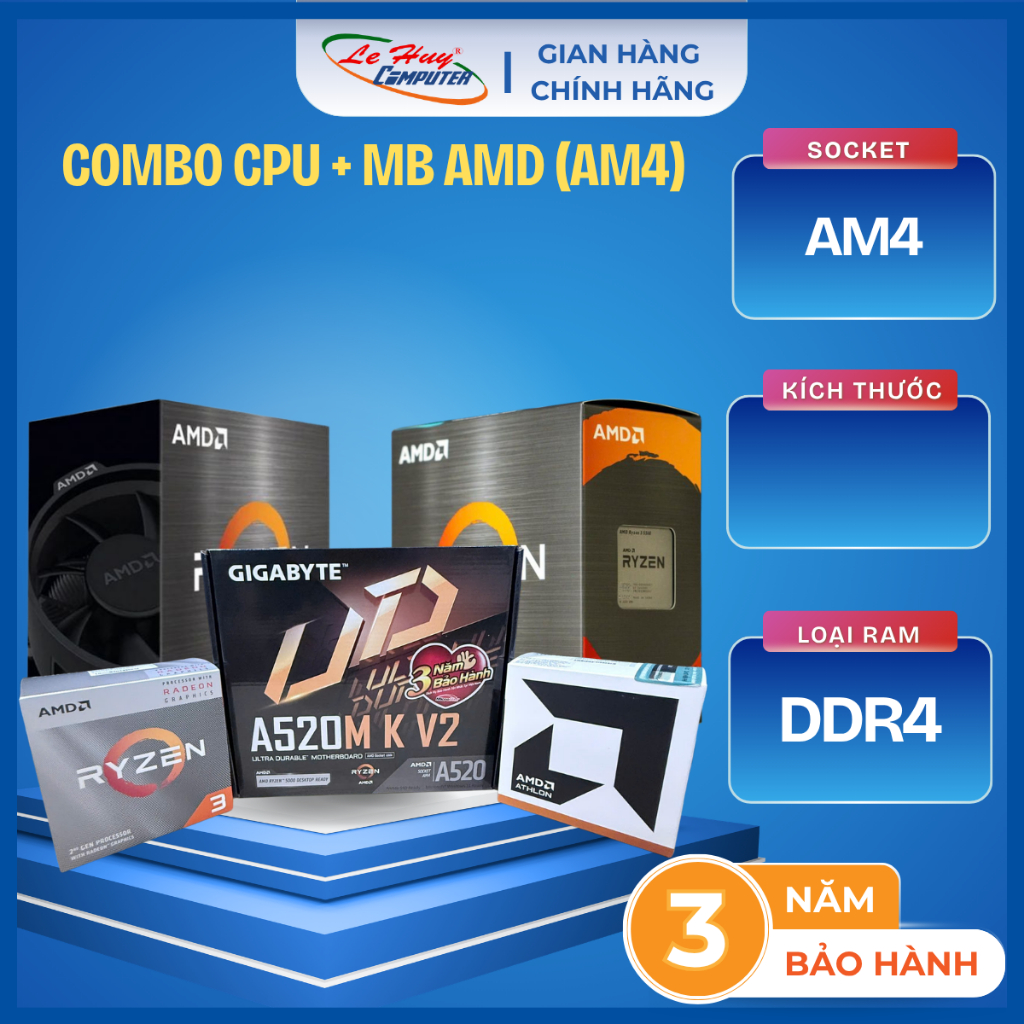 COMBO Gear CPU AMD Box CH (AM4) Ryzen 5/ Ryzen 3/ Athlon + MB Gigabyte A520M-K V2 - Hàng Chính Hãng