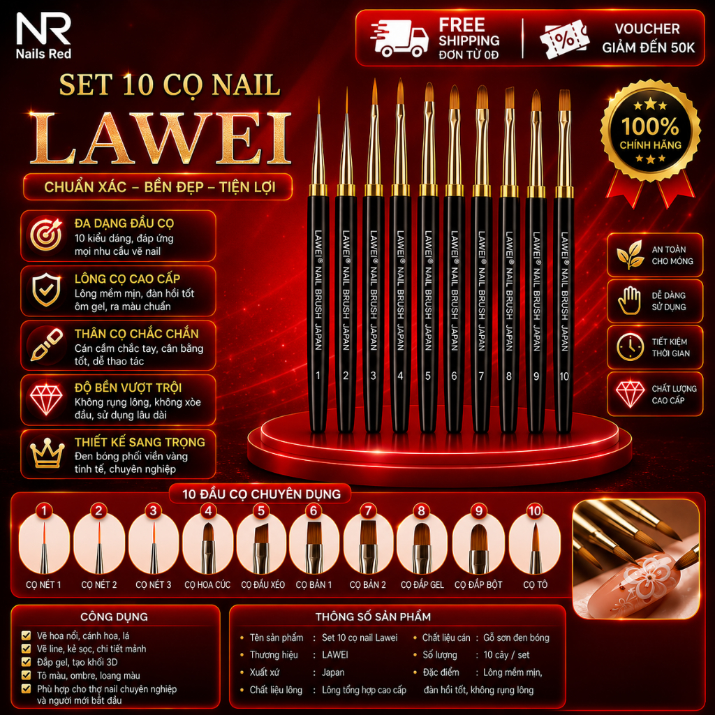 Set 10 cọ nail Lawei Nail Brush Japan chuyên dụng chính hãng loại 1  - Nails Red